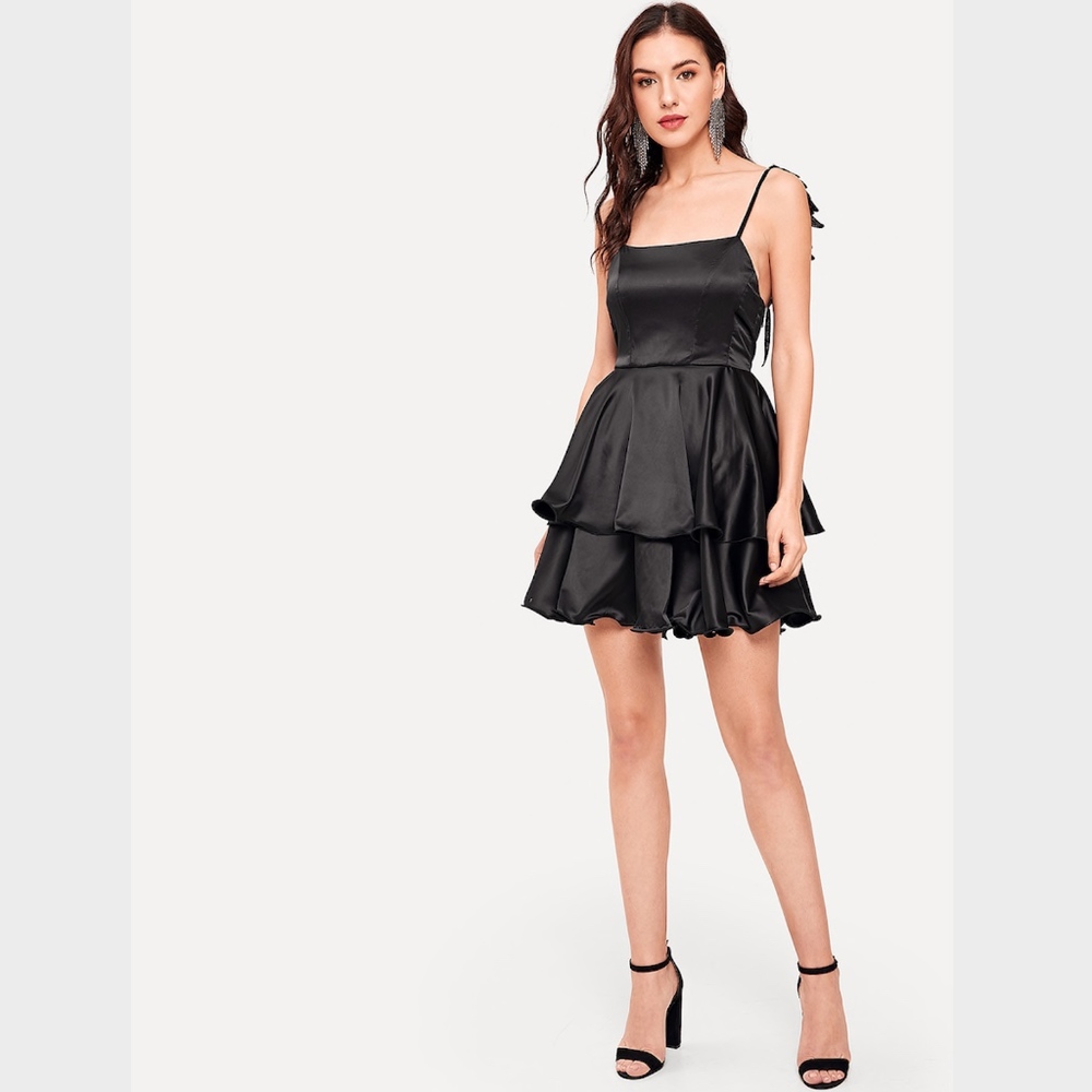 Wings Applique Layered Hem Black Satin Mini Dress - Picture 4 of 7